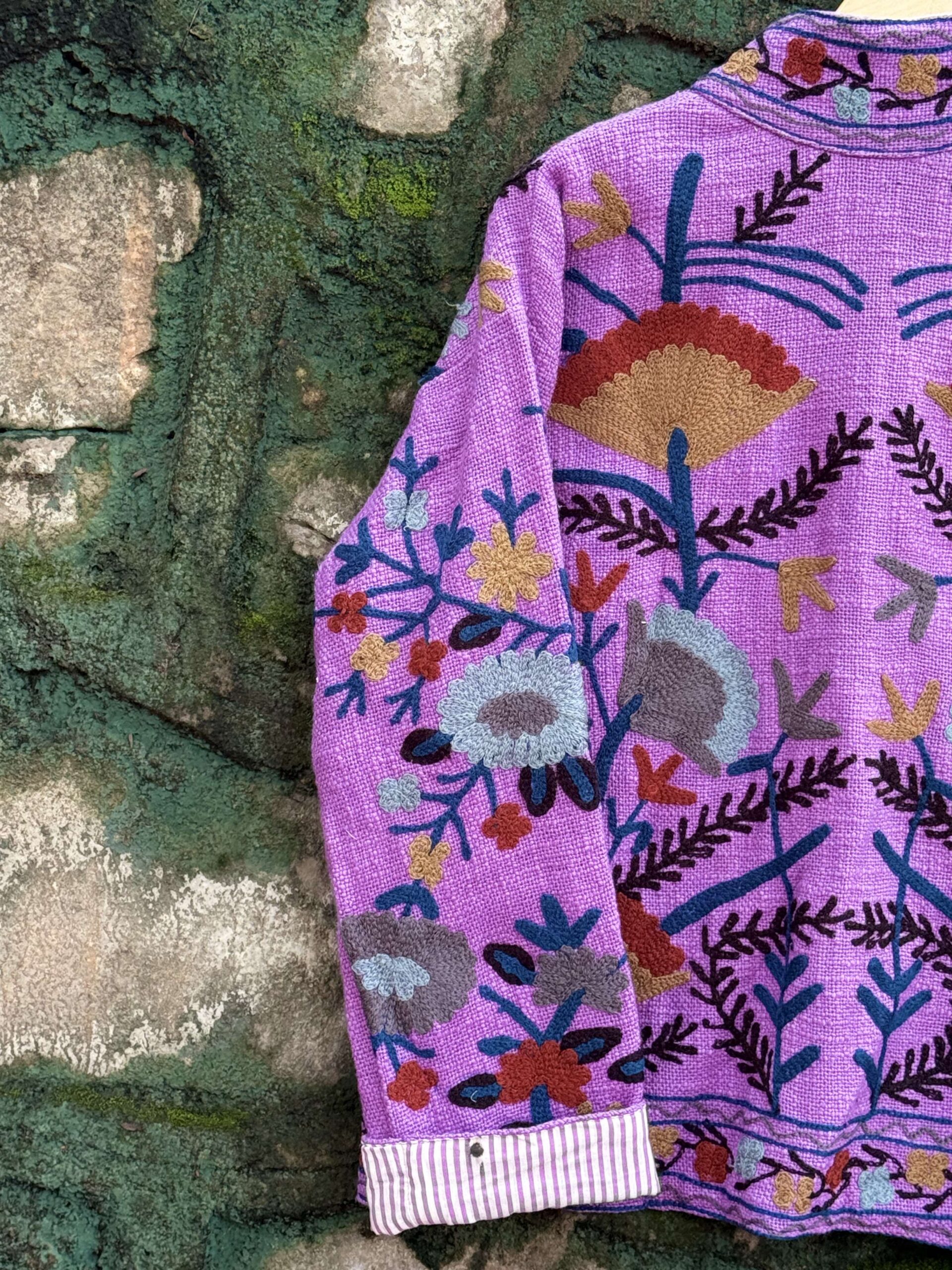 Womens Purple Velvet Embroidered Jacket with Floral Design - Image 3