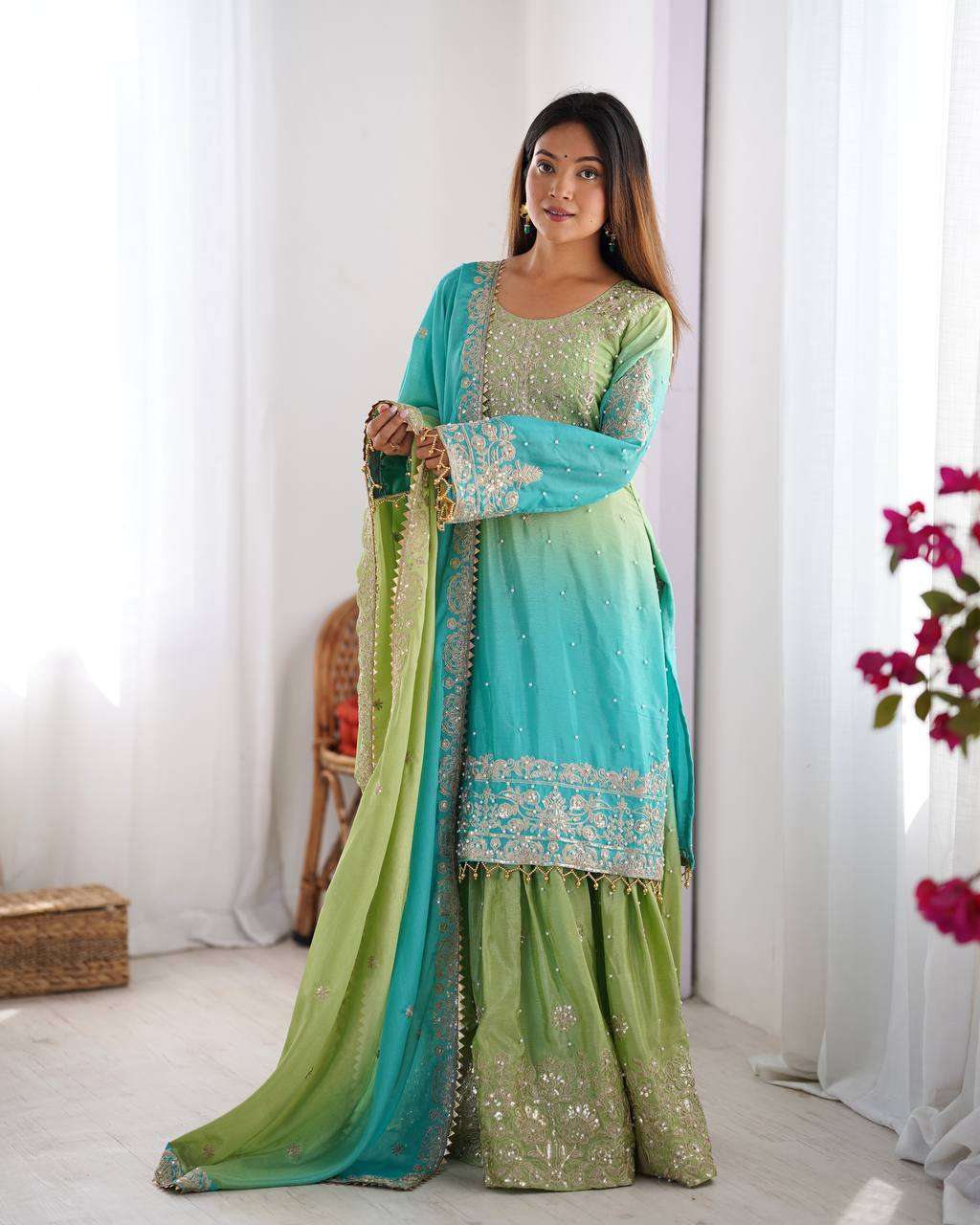 Women's Chinon Silk Sequence With Rivet Moti Work Straight Kurta With Sharara and Dupatta Set - Image 16